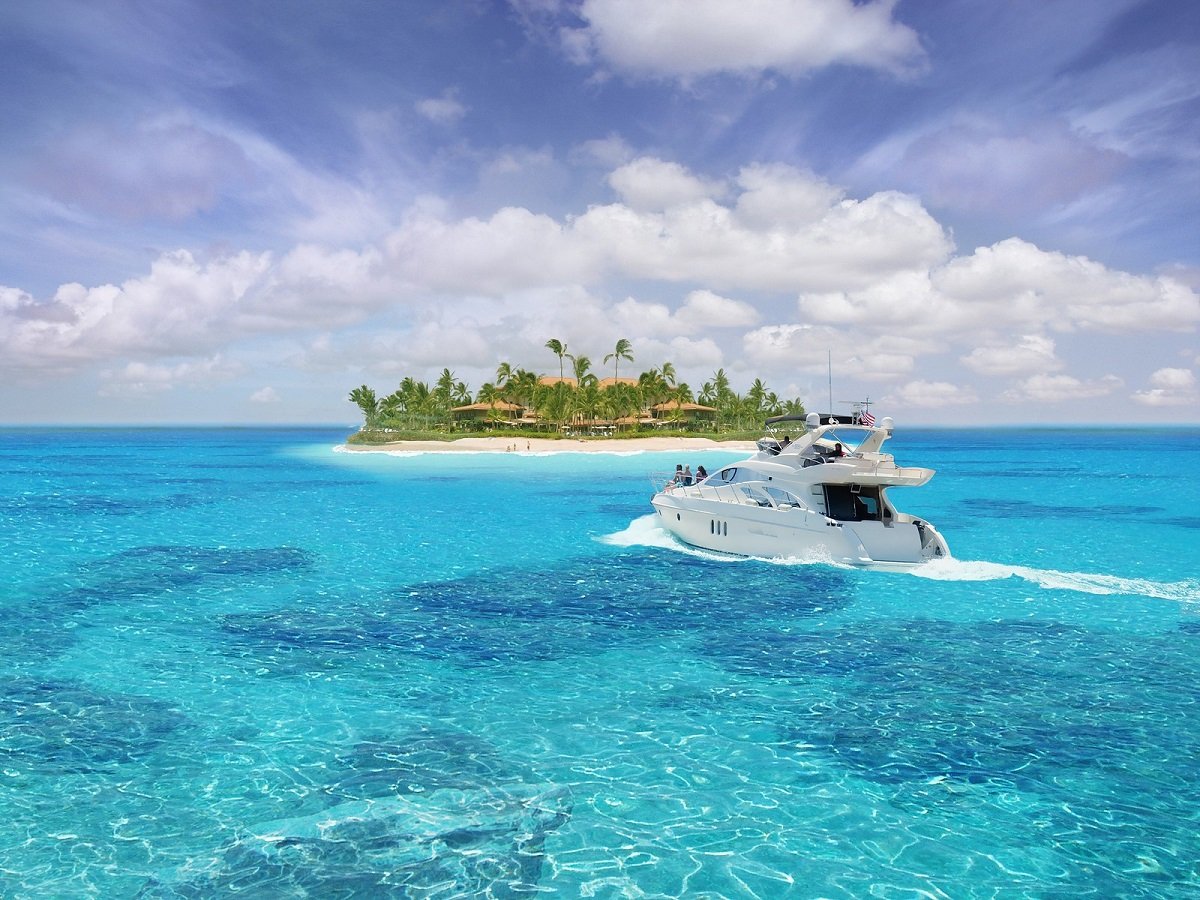 Arriving by yacht at a private island in the Bahamas