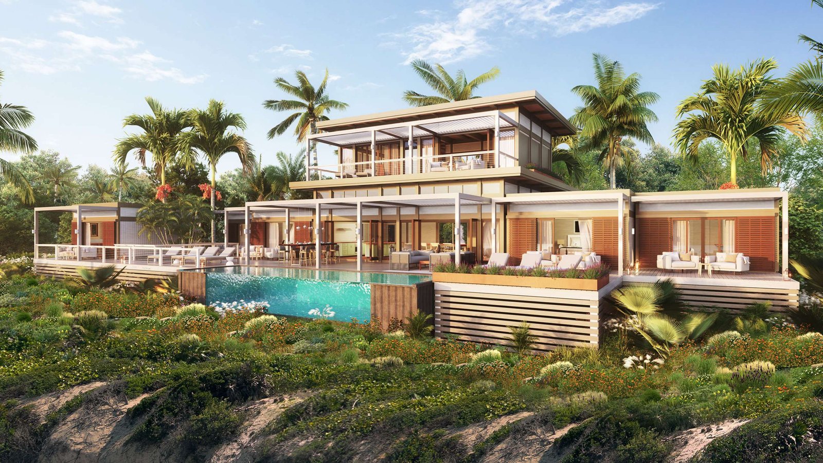 Luxury eco-residence at Ki’ama Bahamas, featuring sustainable design, solar power, and direct ocean views surrounded by lush tropical landscapes.